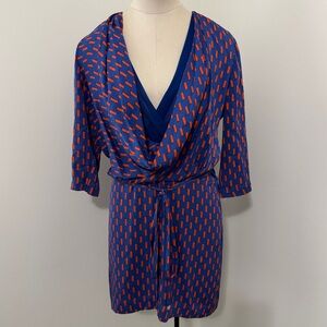 Diane Von Furstenberg 6 Rachel Dress Blue & Orange Drape Neck Classic Career